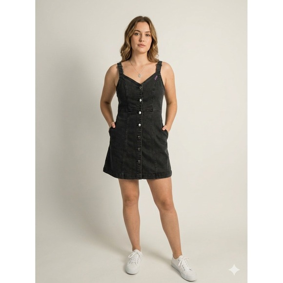 BDG Dresses & Skirts - BDG Urban Outfitters Black Denim Mini Dress Button Front Embroidered Small 90s
